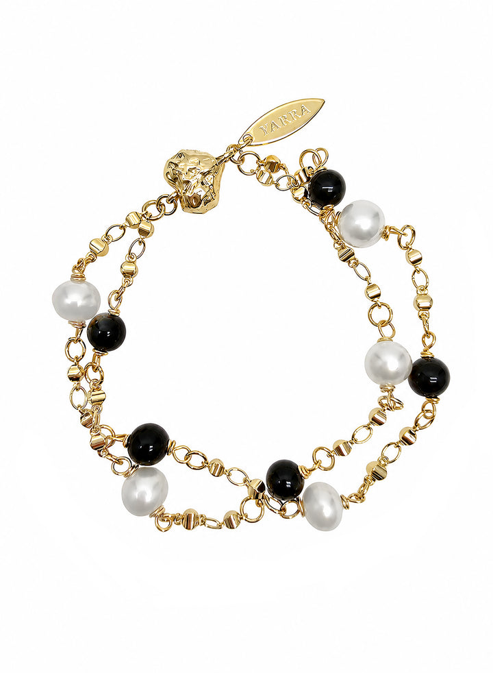 Black Obsidian And White Freshwater Pearl Double Layers Magnetic Clasp Bracelet SB026