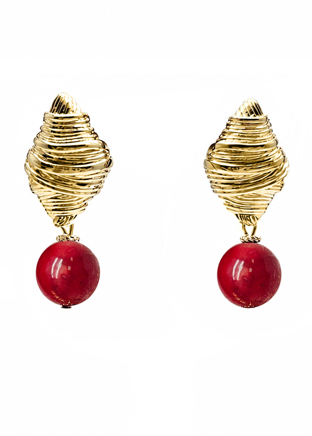 Red Bamboo Coral Dangle Gold Stud Earrings SE001