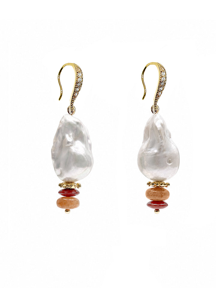 Baroque Pearl With Orange Aventurine And Bamboo Coral Earrings SE002