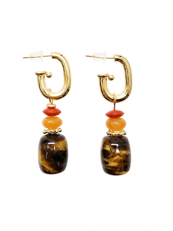 Tiger-eye Stone With Orange Aventurine Red Coral Hoop Earrings SE003