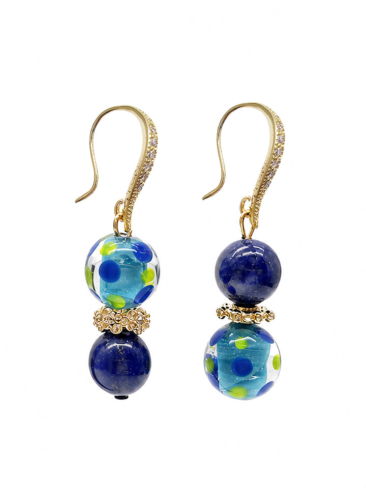 Lapis Lazuli and Colorful Glass Bead Gold Hook Drop Earrings SE010