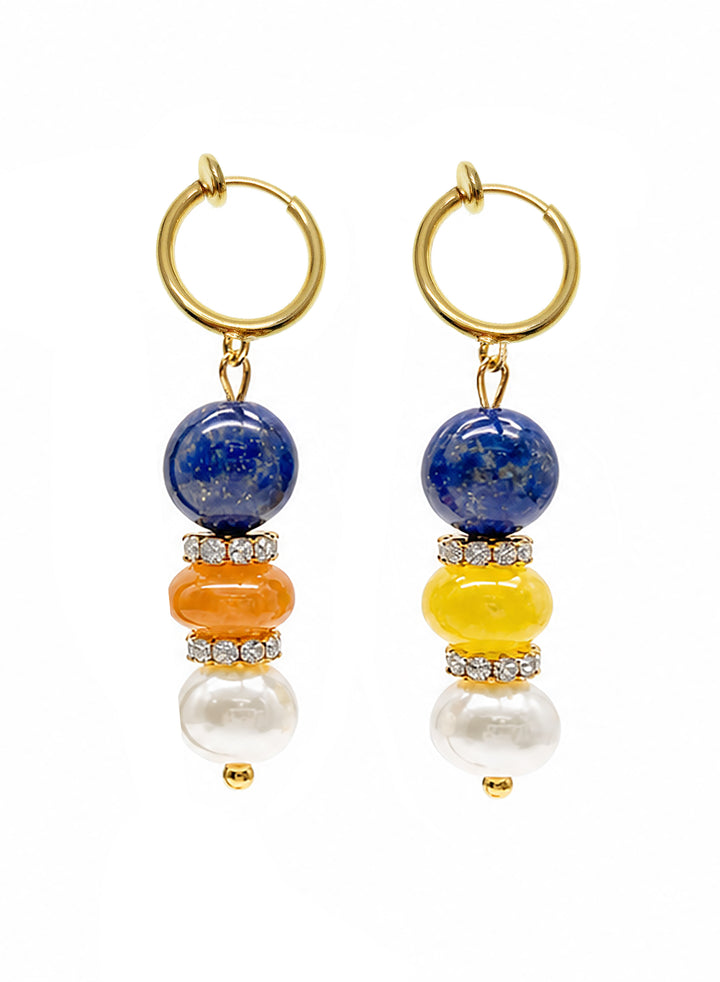 Pierced-Free Lapis Colorful Gemstone With Pearl Gold Clip-On Earrings SE011