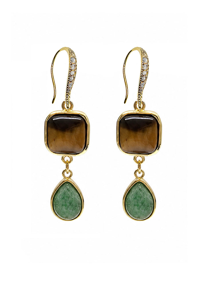 Brown Tiger-eye Stone And Teardrop Aventurine Dangle Earrings SE015