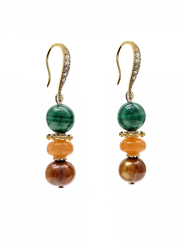 Malachite With Brown Freshwater Pearl And Gems Earrings SE017