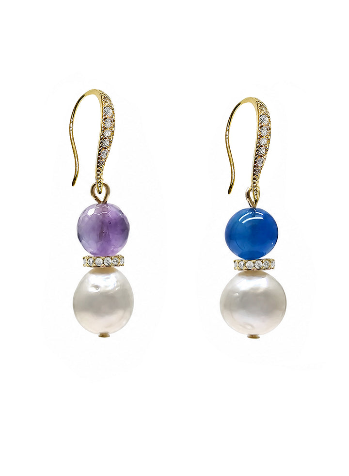 Purple Amethyst And Blue Agate With Freshwater Pearl Dangle Earrings SE023