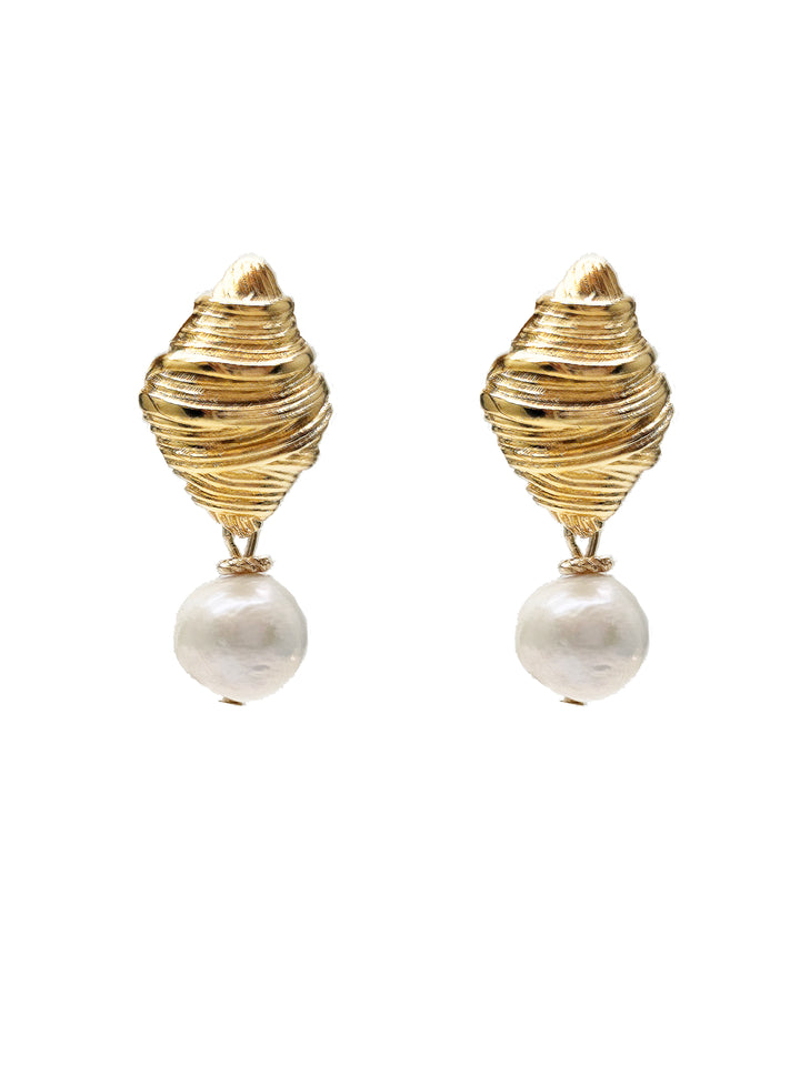 White Freshwater Pearl Dangle Gold Stud Earrings SE024