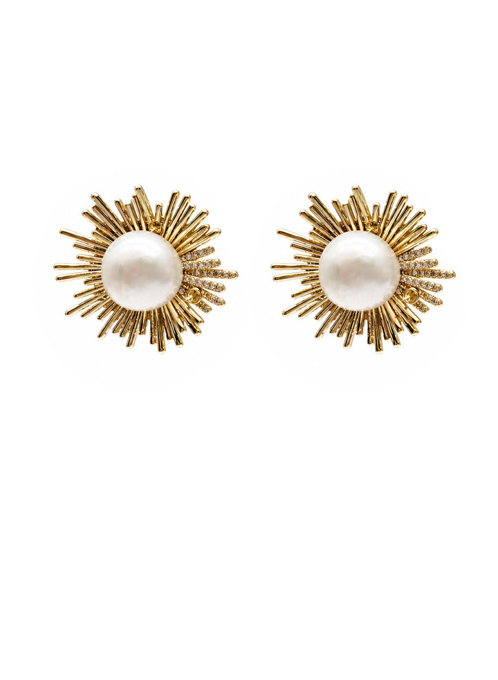 Gold-Tone Freshwater Pearl Sunburst Statement Stud Earrings SE025
