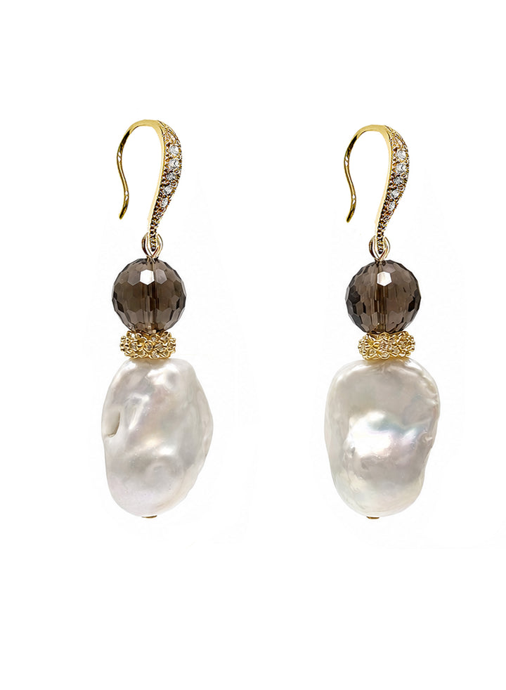 Classic Style Baroque Pearl With Smoky Quartz Dangle Earrings SE026