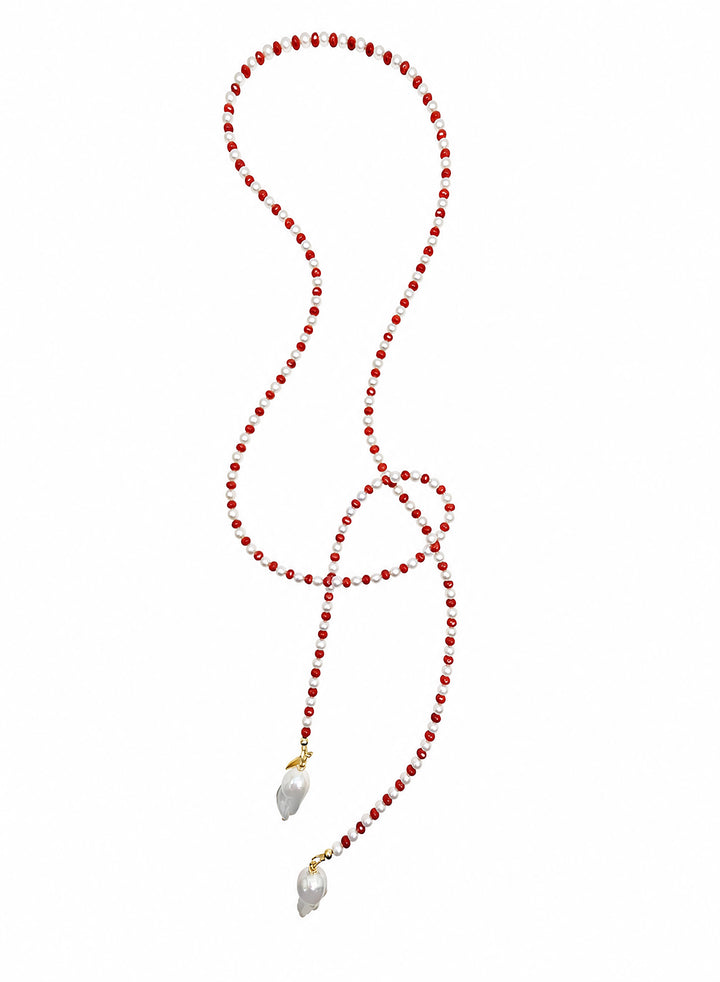 Freshwater Pearl & Red Bamboo Coral Convertible Lariat Necklace with Baroque Pearl Drops SN001