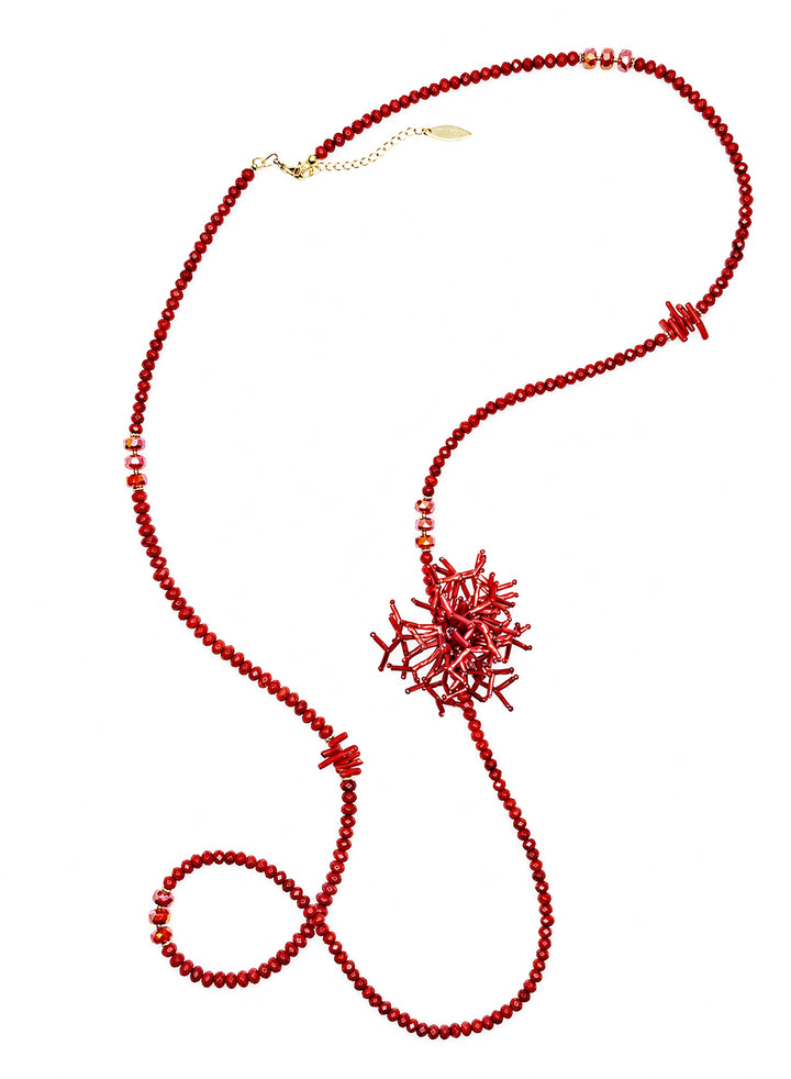 Red Bamboo Coral Long Necklace with Removable Flower Pin SN002