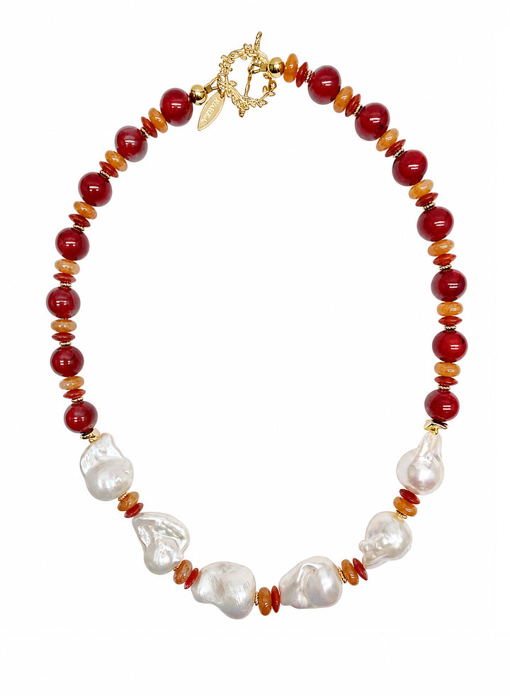 Red Bamboo Coral With Baroque Pearls Statement Necklace SN003