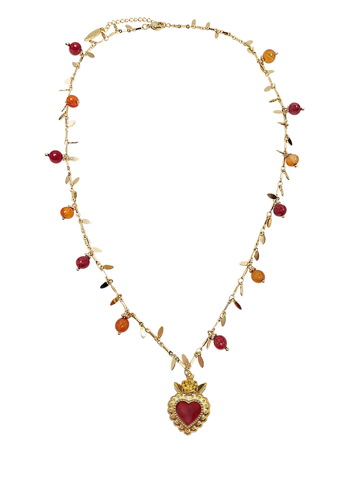 Red Gemstone With Heart Pendant Necklace SN004