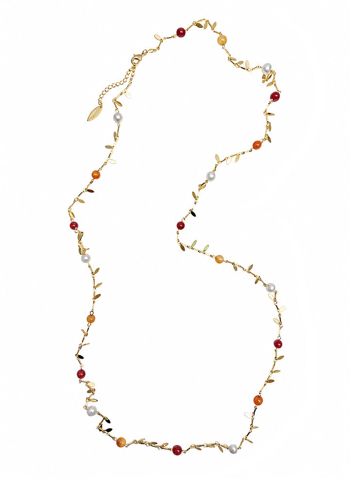 Red Bamboo Coral Orange Agate & Pearl Long Necklace SN006