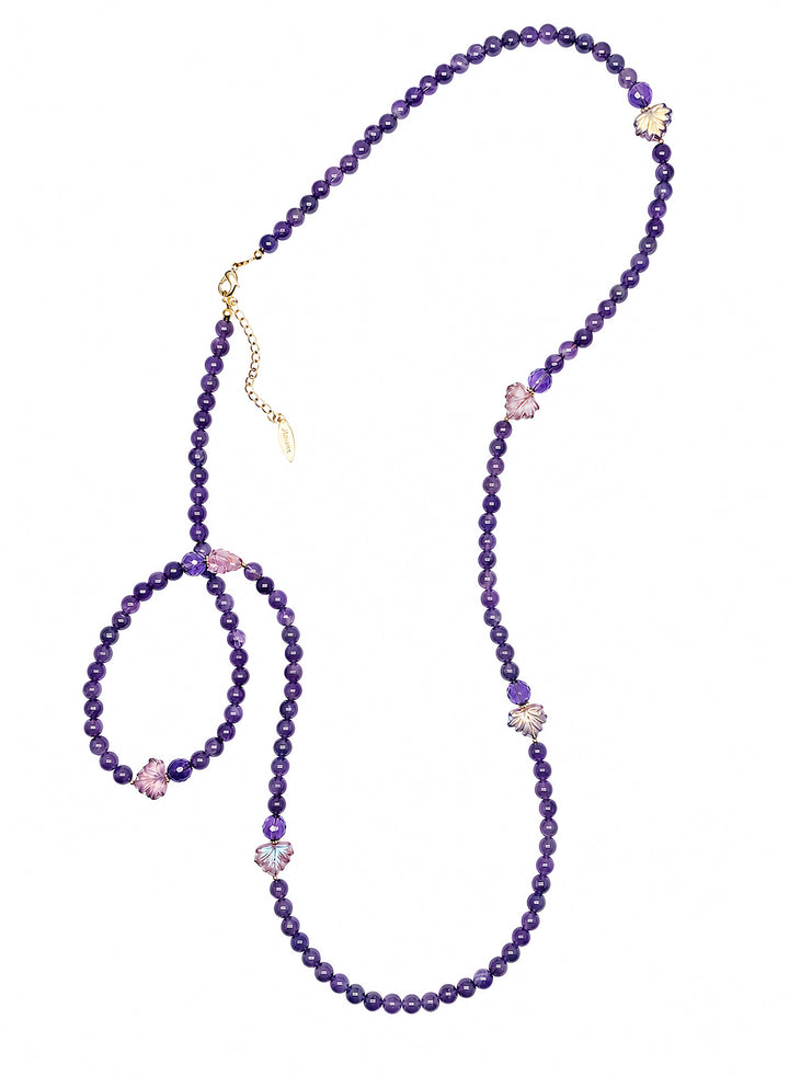 Amethyst Starnd With Leaves Long Necklace SN011