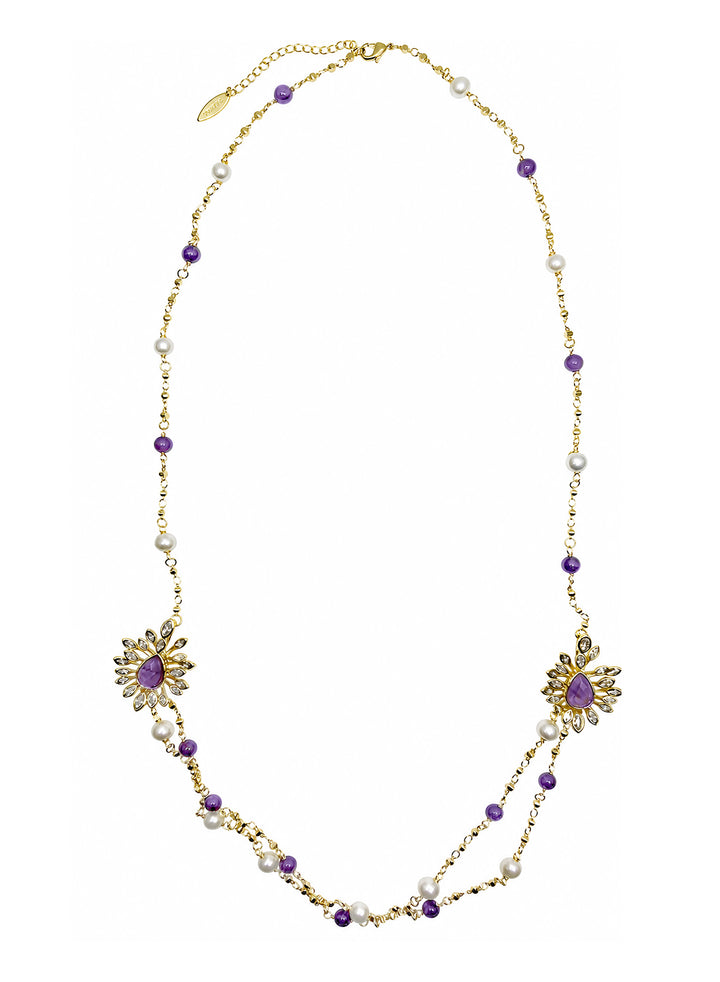Amethyst And Freshwater Pearl With Flower Pendants Station Necklace SN013