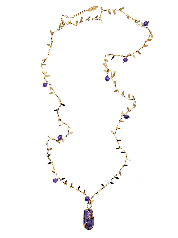 Leaves Chain With Amethyst Pendant Long Necklace SN015