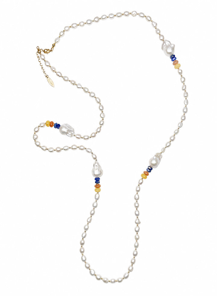 Freshwater Baroque Pearl With Colorful Gemstone Long Necklace SN018