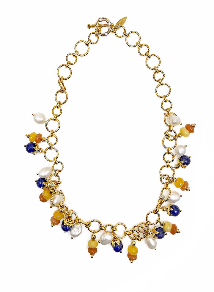 Artistic Colorful Gemstone With Freshwater Pearl Charms Statement Necklace SN021