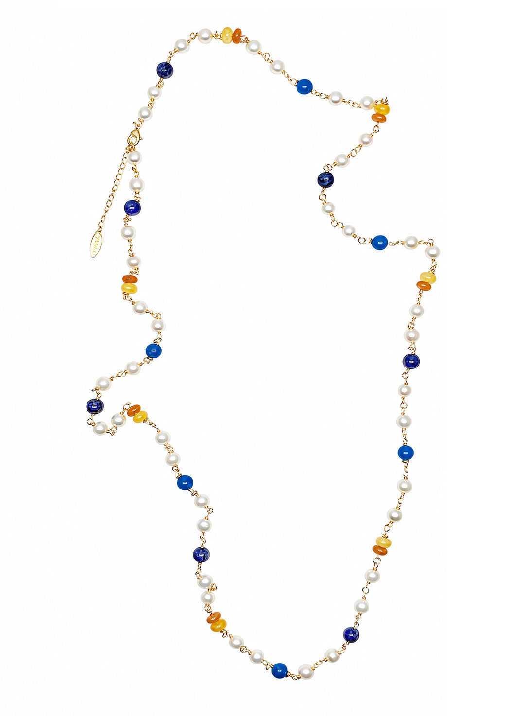 Lapis And Colorful Gemstone With Freshwater Pearl Station Long Necklace SN022