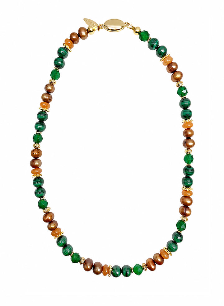 Vintage Style Malachite With Brown Freshwater Pearl And Gems Necklace SN023