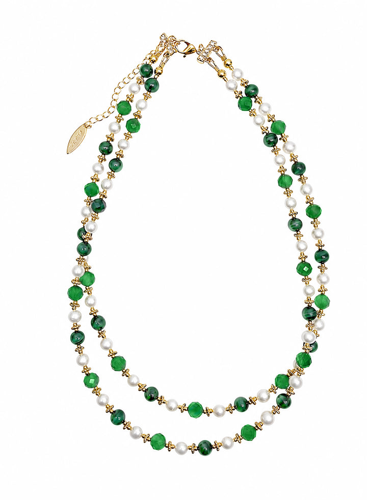 Green Gemstone And Freshwater Pearls Double Layers Necklace SN024