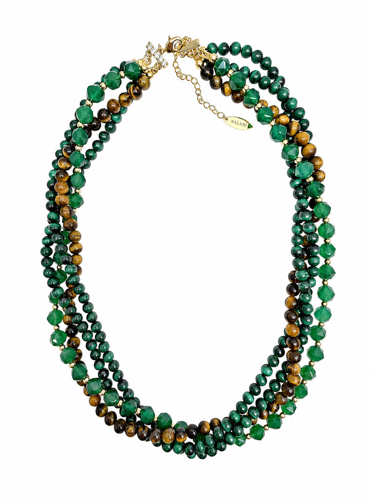 Green Gemstone With Brown Tiger-eye Stone Multi-Layers Necklace SN025