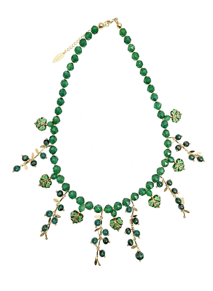 Natural Inspired Green Gemstone With Leaves Charm Tassel Necklace SN026