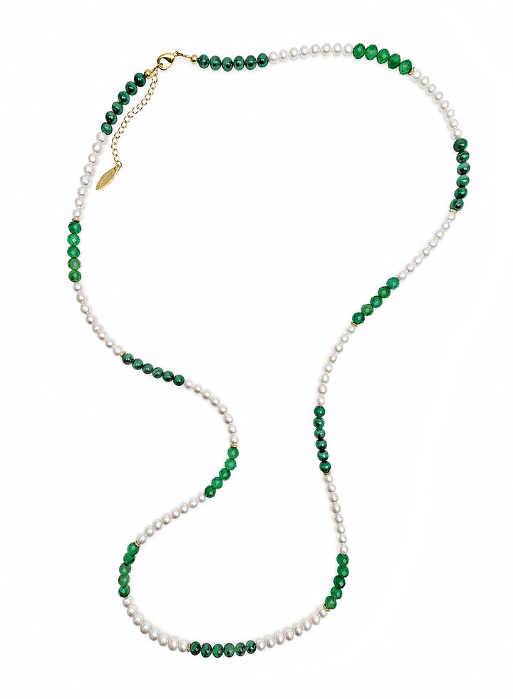 Freshwater Pearl With Green Malachite And Agate Long Necklace SN027