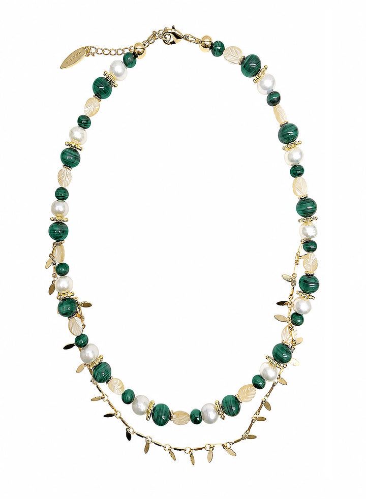 Boho Chic Malachite With Leaves Shell And Pearls Layered Necklace SN028