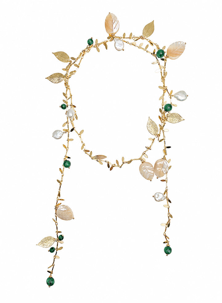 Natural-Inspired Pearl With Shell Leaves And Malachite Open Ended Necklace SN029