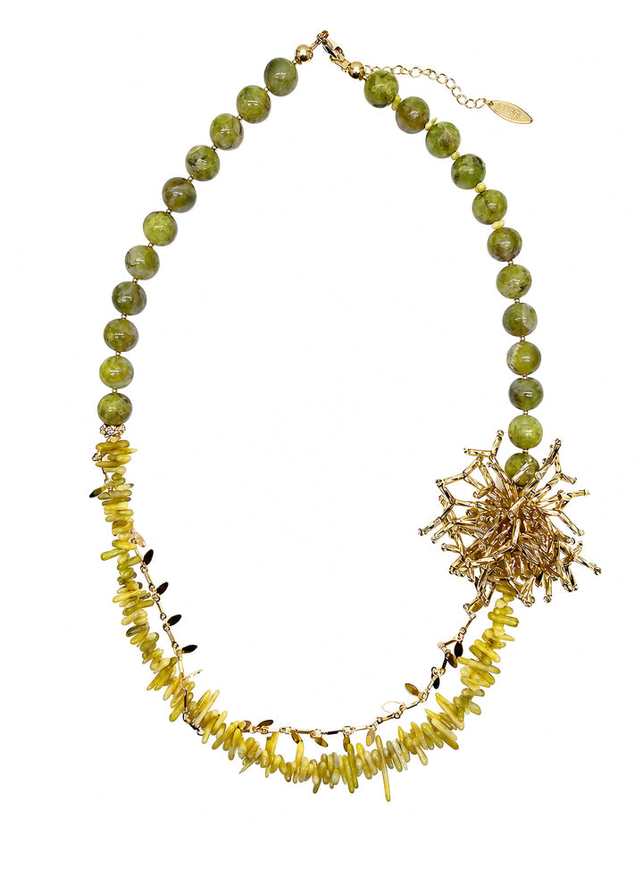 Boho Chic Green Opal And Yellow Bamboo Coral With Removable Pin Necklace SN033