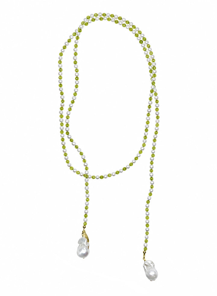 Pearl And Green Agate With Baroque Pearl Drops Open Ended Long Necklace SN036