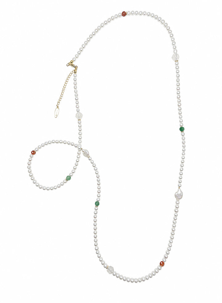 Freshwater Pearl With Green And Red Agate Long Necklace SN037