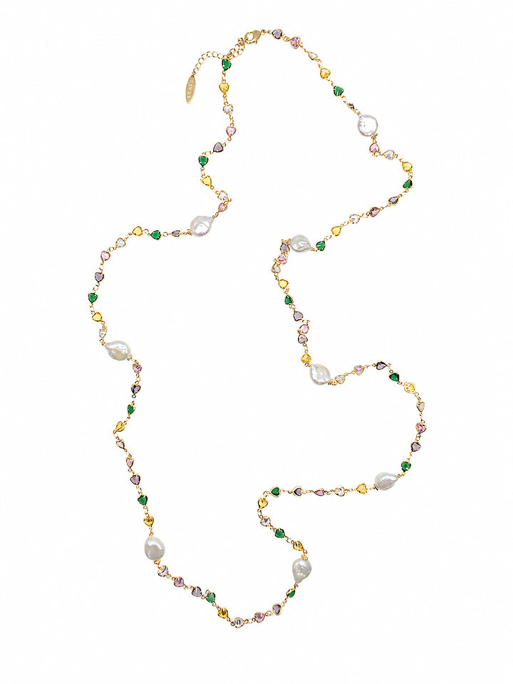 Colorful Heart Zircon Chain With Baroque Pearls Long Station Necklace SN038