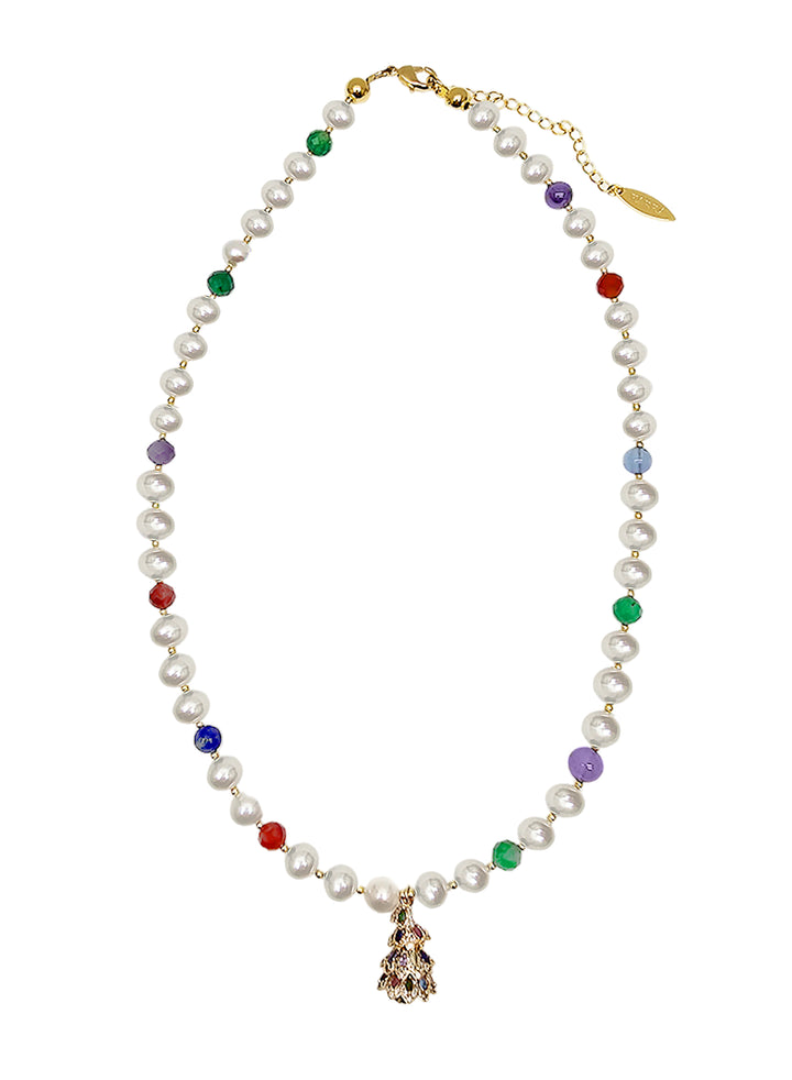 Freshwater Pearl And Colorful Gemstone With Christmas Tree Pendant Necklace SN040