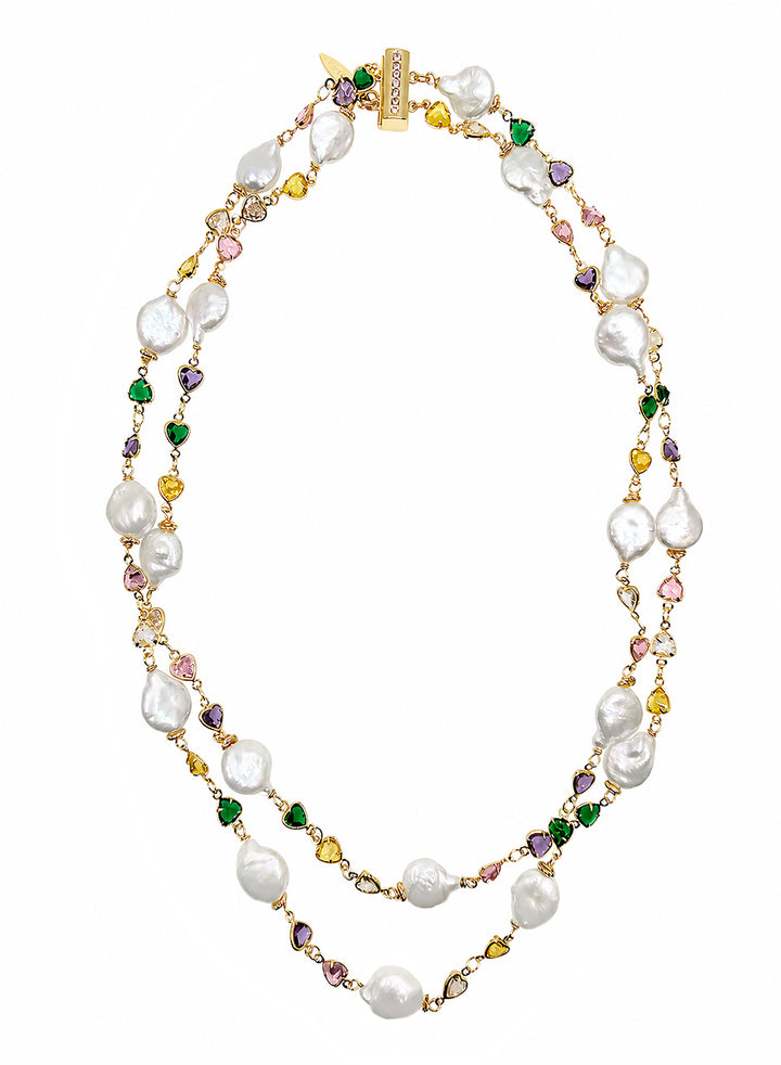 Colorful Zircon Chain With Baroque Pearl Double Layers Necklace SN041