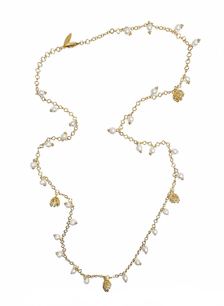 Romantic Style Freshwater Pearl With Flower Charms Long Necklace SN043