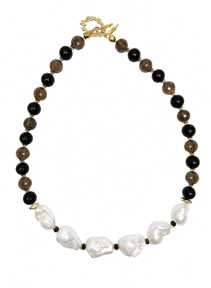 Black Quartz And Obsidian With Baroque Pearl Statement Necklace SN046