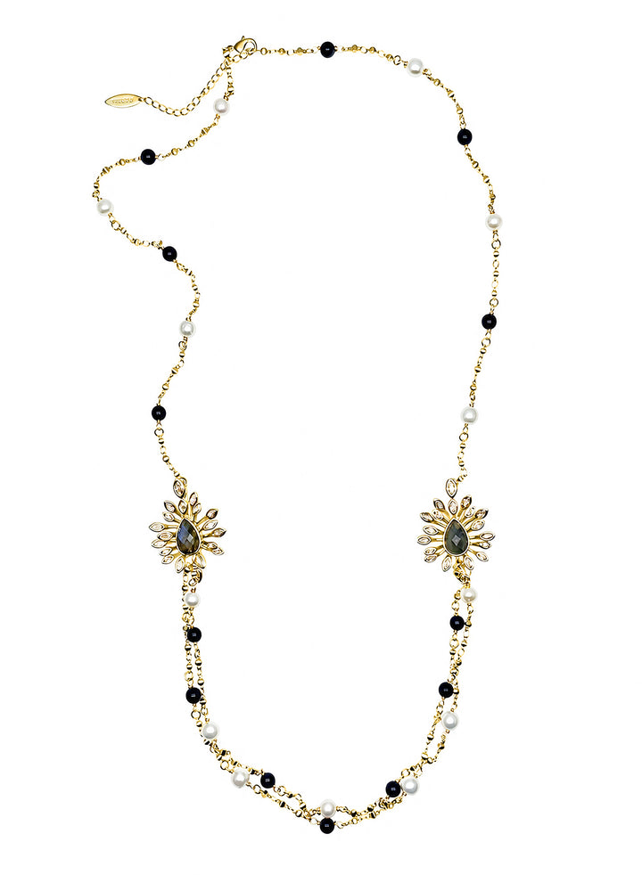 Black Obsidian And White Freshwater Pearl With Flower Pendants Necklace SN047