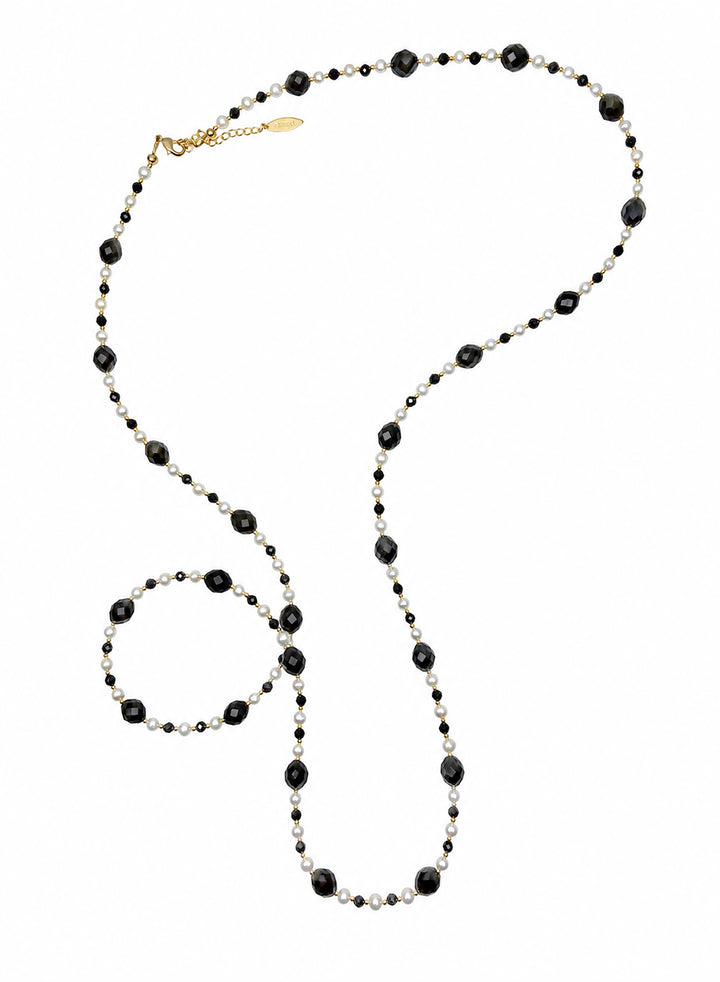 Romantic Style Oval Black Obsidian With White Freshwater Pearl Long Necklace