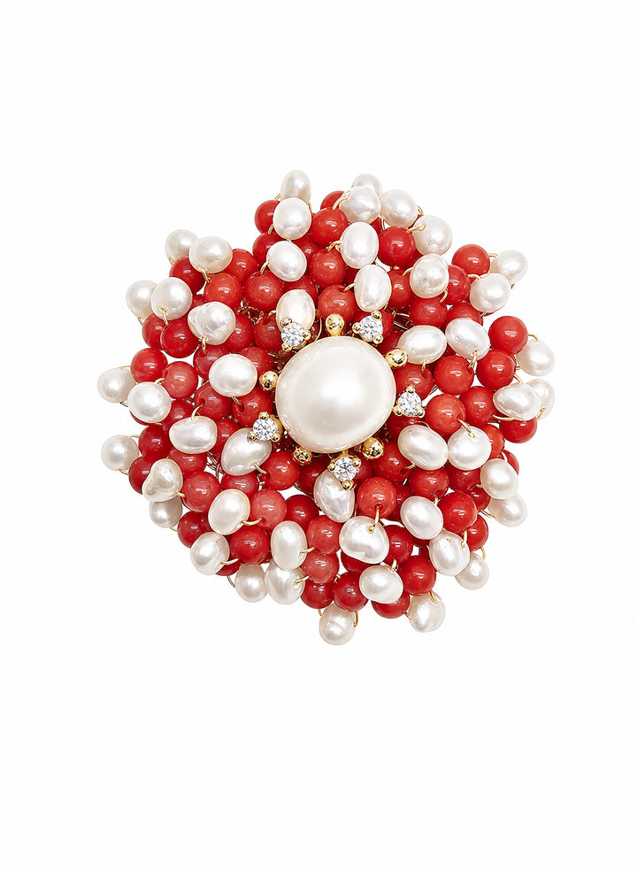 Flower Handcrafted Red Bamboo Coral And Freshwater Pearl Brooch SP001