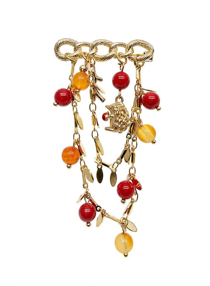 Red Bamboo Coral & Orange Agate Hedgehog Tassel Brooch SP002