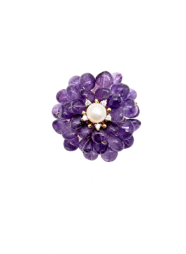 Flower Shaped Amethyst With Freshwater Pearl Brooch SP004
