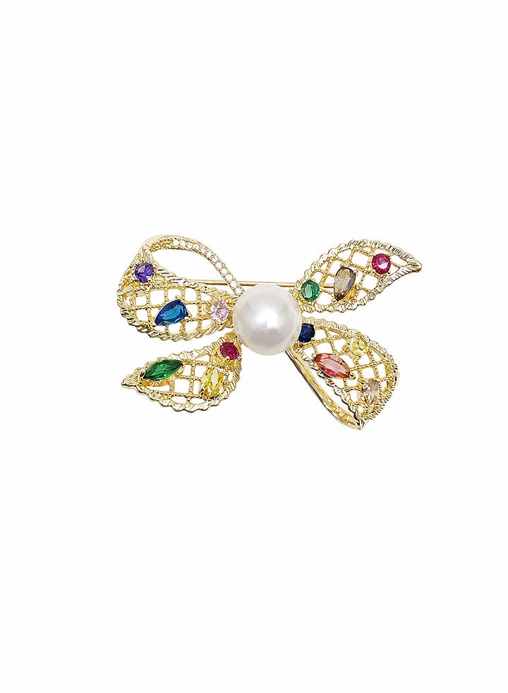 BowKnot With Colorful Zircon Stone And Freshwater Pearl Brooch SP006