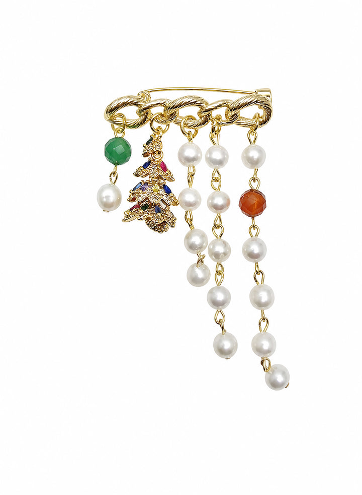 Freshwater Pearl With Green Red Agate And Christmas Tree Tassel Brooch SP008