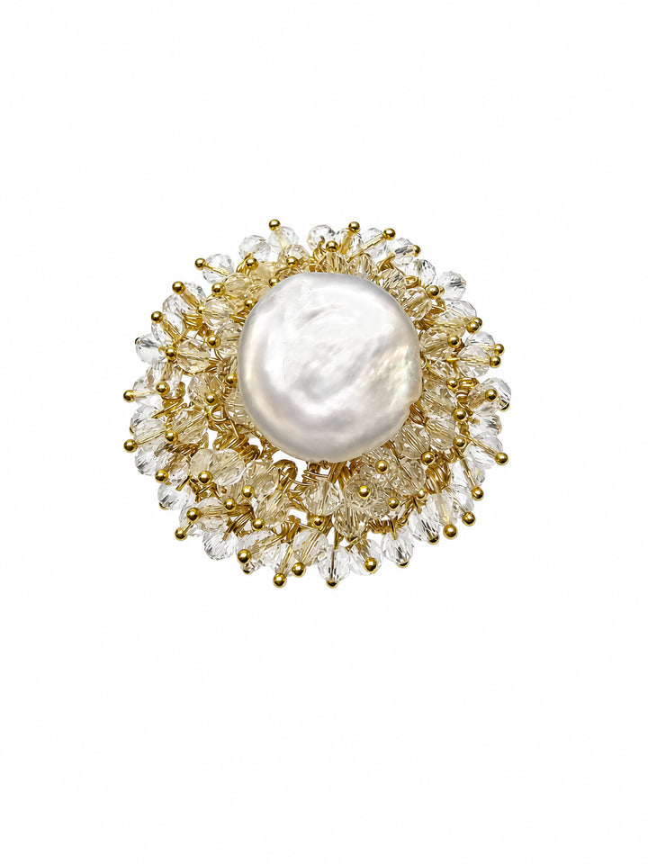 Romantic Style Floral Freshwater Pearl With Crystal Cocktail Ring SR009