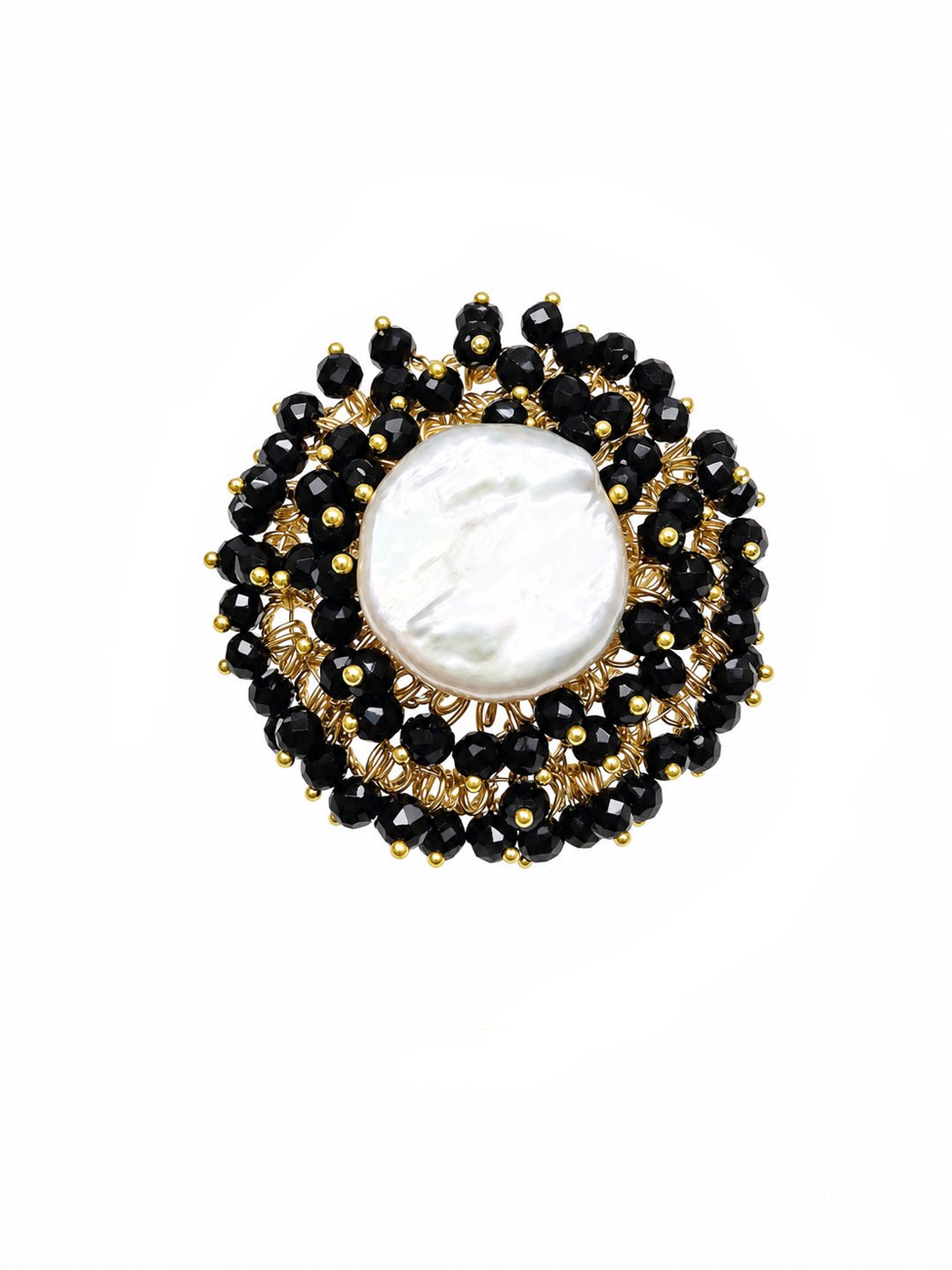 Romantic Style Freshwater Pearl With Black Obsidian Cocktail Ring SR010