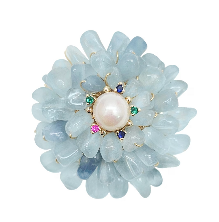 Handcrafted Flower Shape Natural Aquamarine Brooch LP003