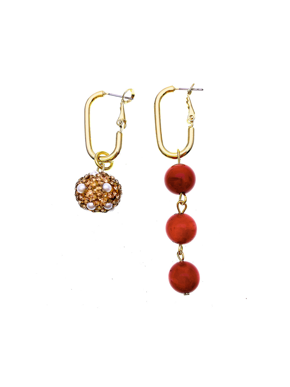Red Coral With Rhinestones Asymmetric Earrings FE004 - FARRA