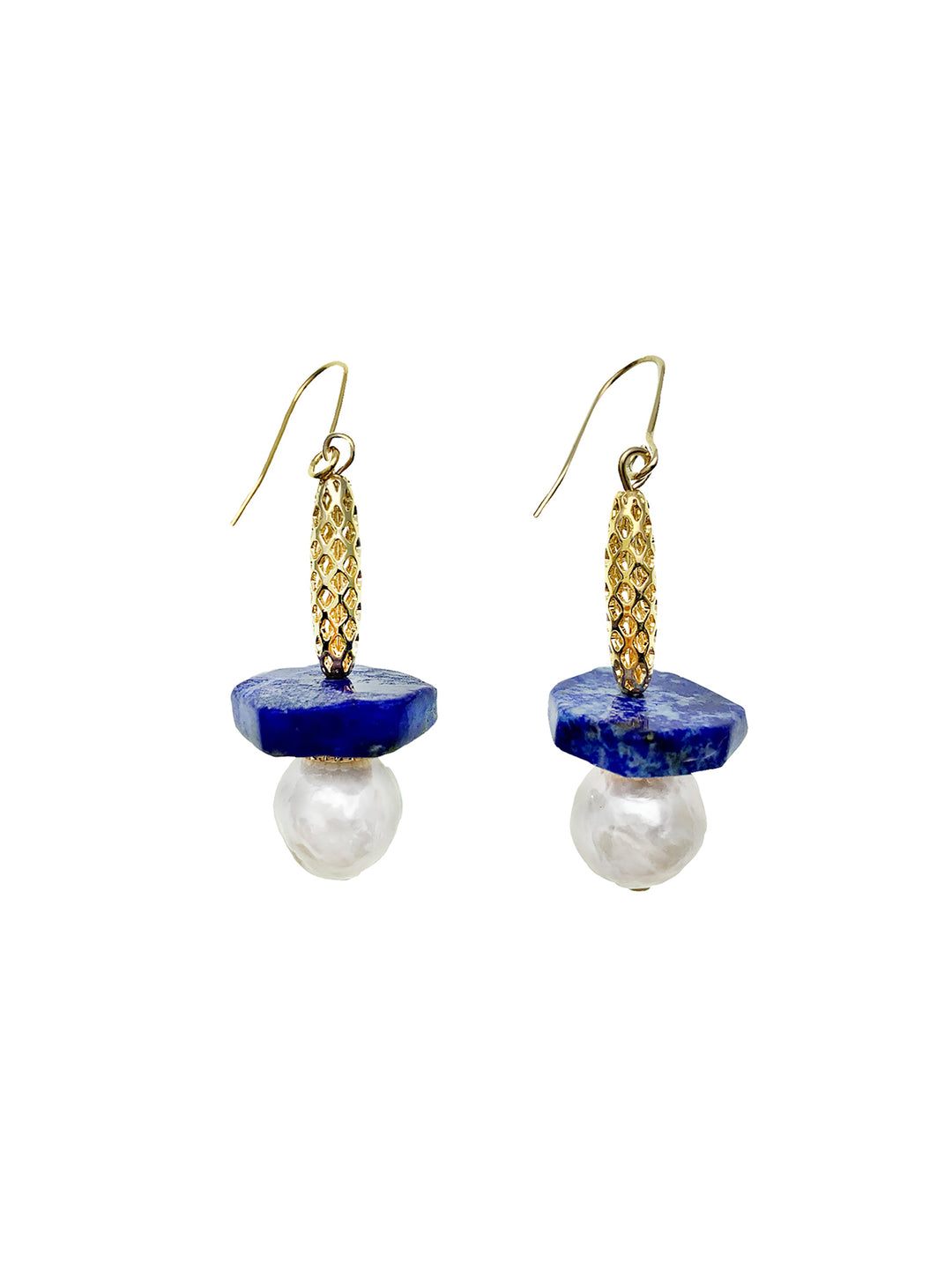 Lapis Hexagon Point With Freshwater Pearl Earrings EE016 - FARRA